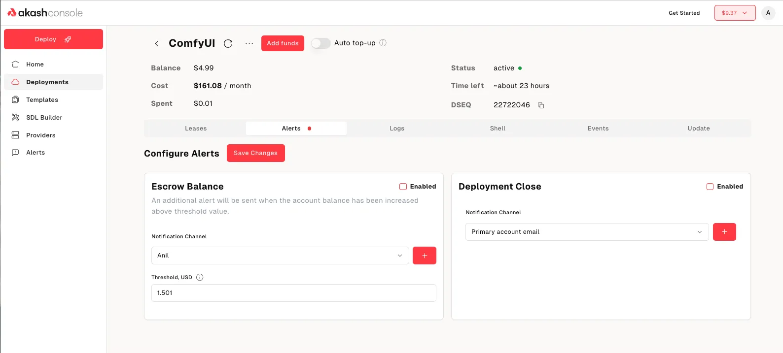 Alerts &#x26; Notifications in Akash Console