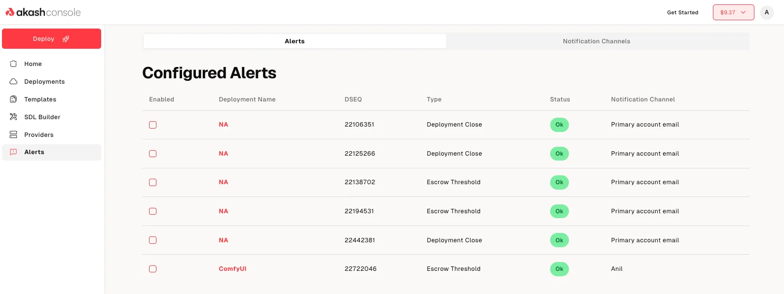 Alerts &#x26; Notifications in Akash Console