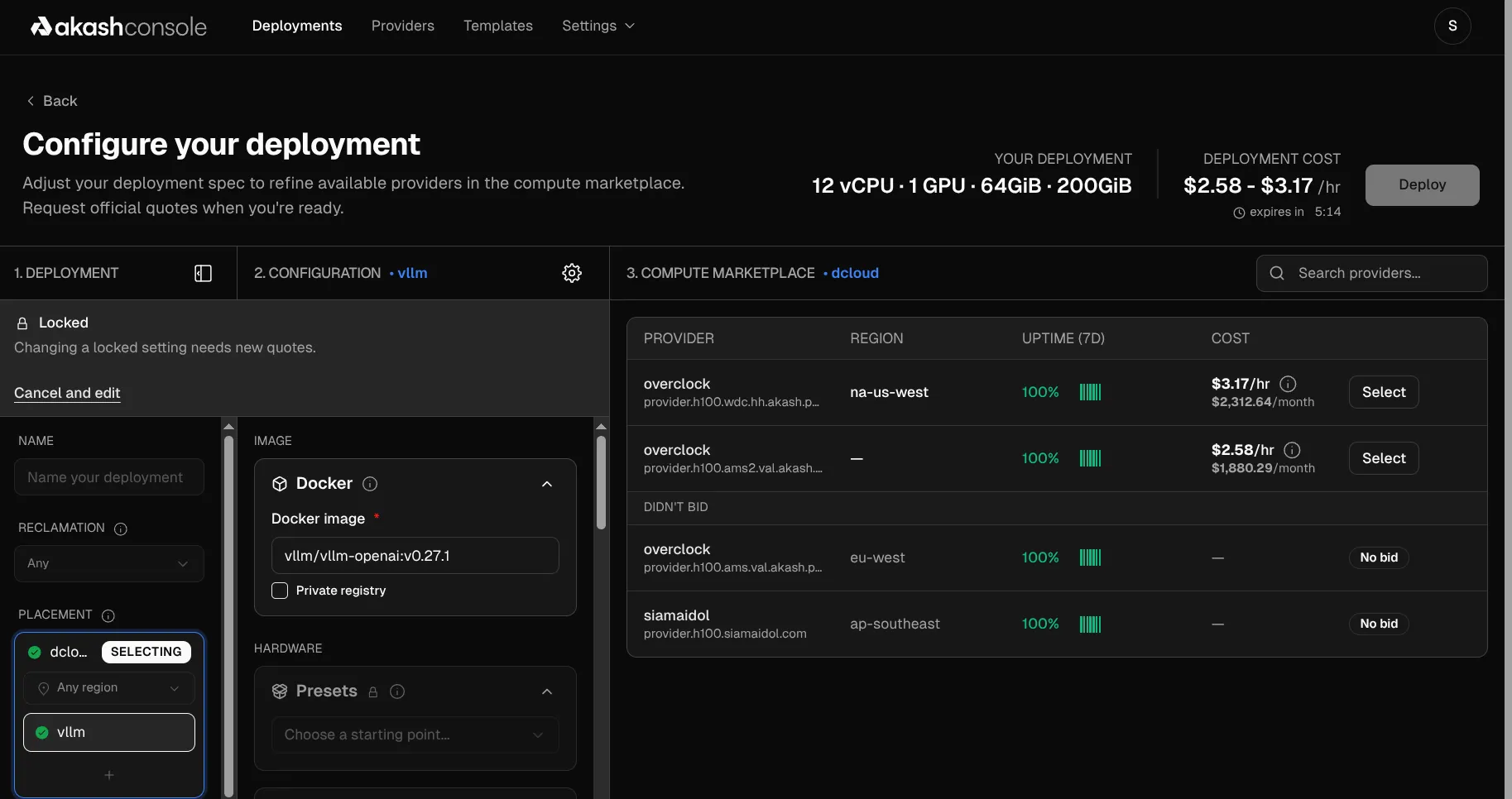 Akash Console compute marketplace showing live H100 bids for a vLLM deployment