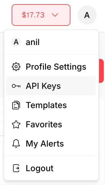 api-keys dropdown menu
