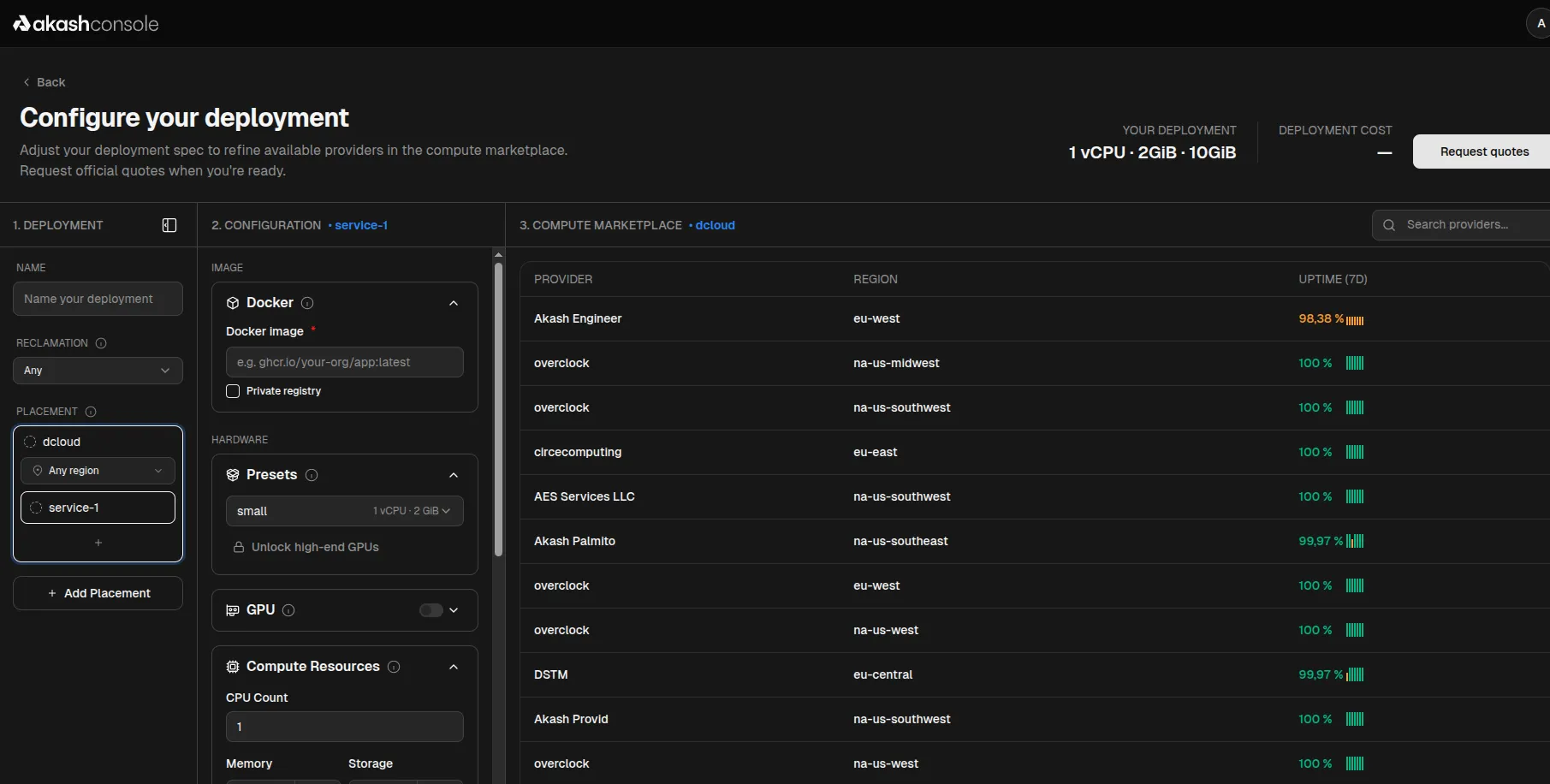 Deployment configurator with Docker image input, hardware presets, and live provider list