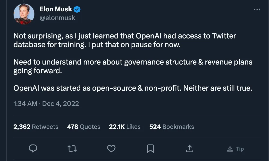 Elon Musk tweet about OpenAI