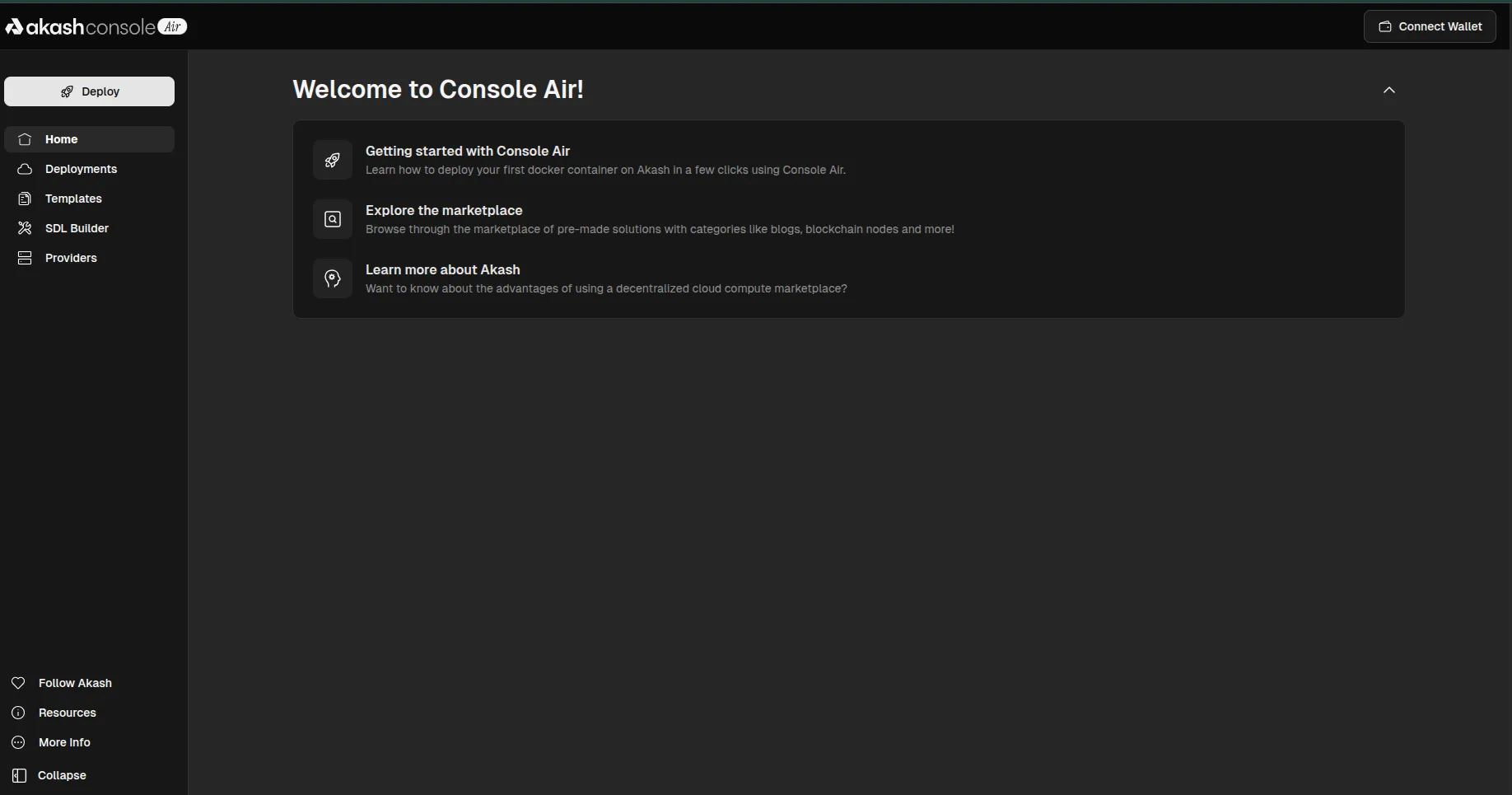 Console Air home screen before wallet connection