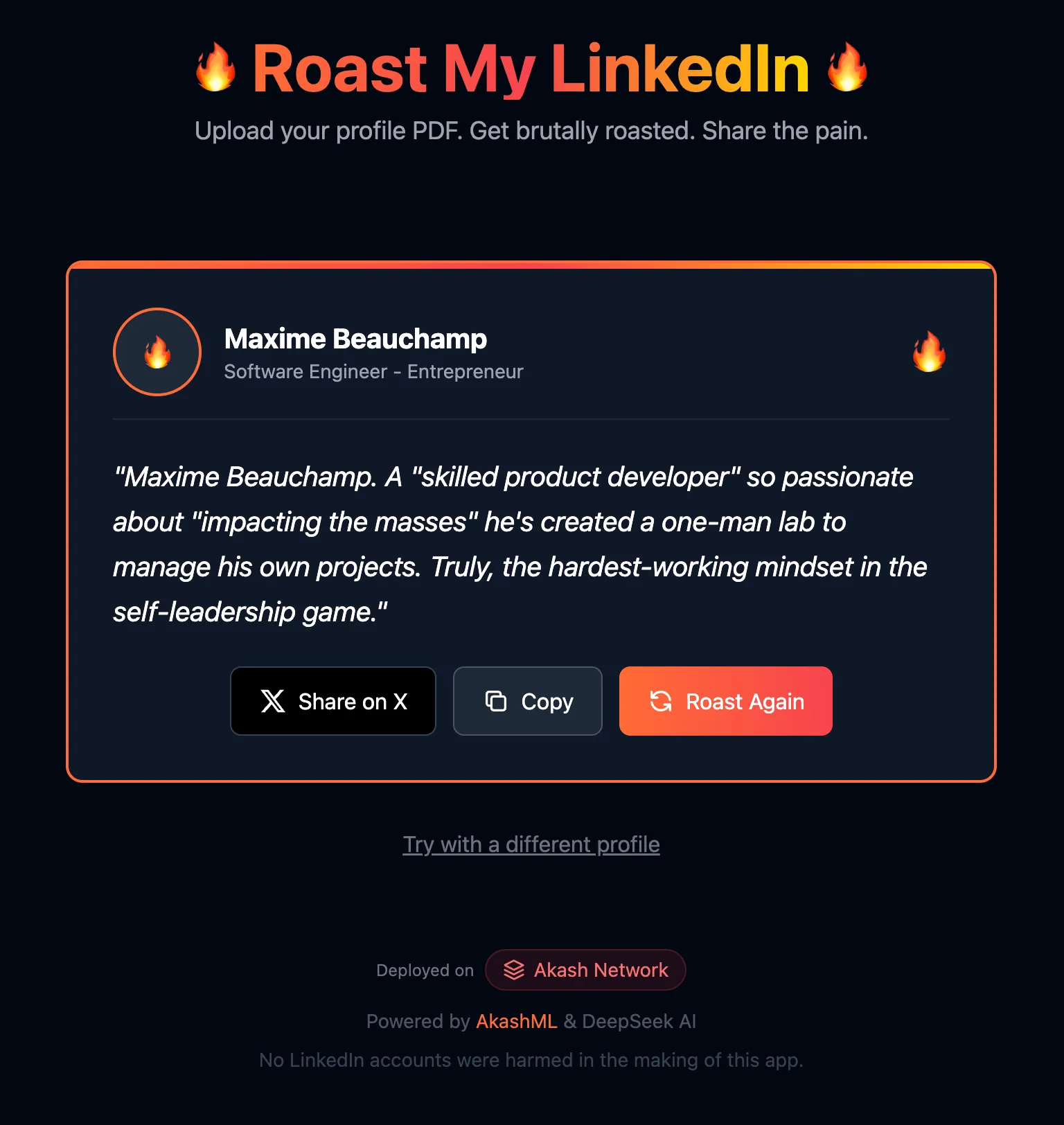 LinkedIn Roast App - Roast Result