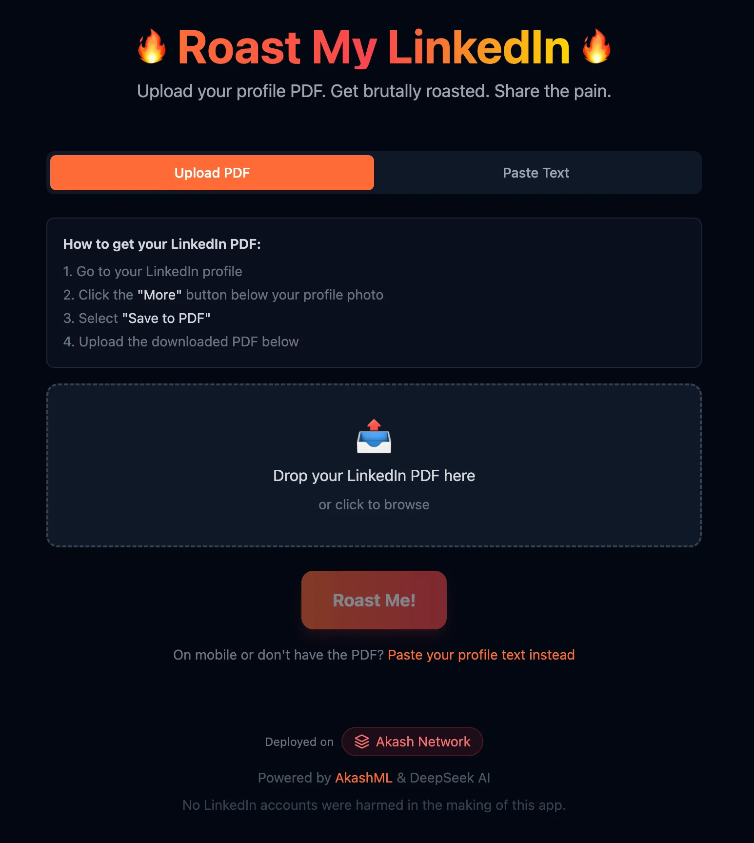 LinkedIn Roast App - Upload Form