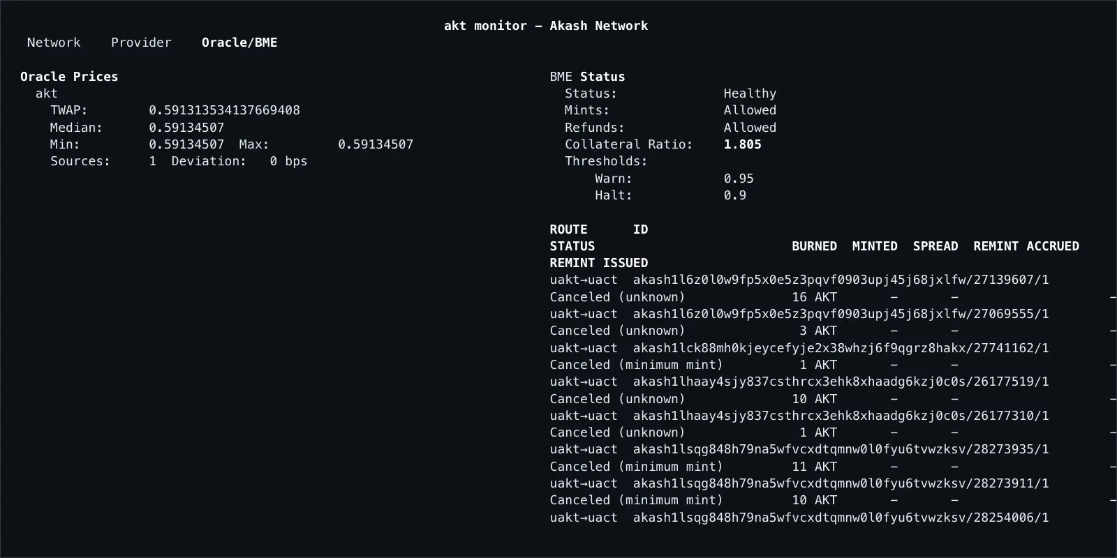 akt monitor Oracle and BME dashboard showing AKT price data, vault health, and route ledger entries