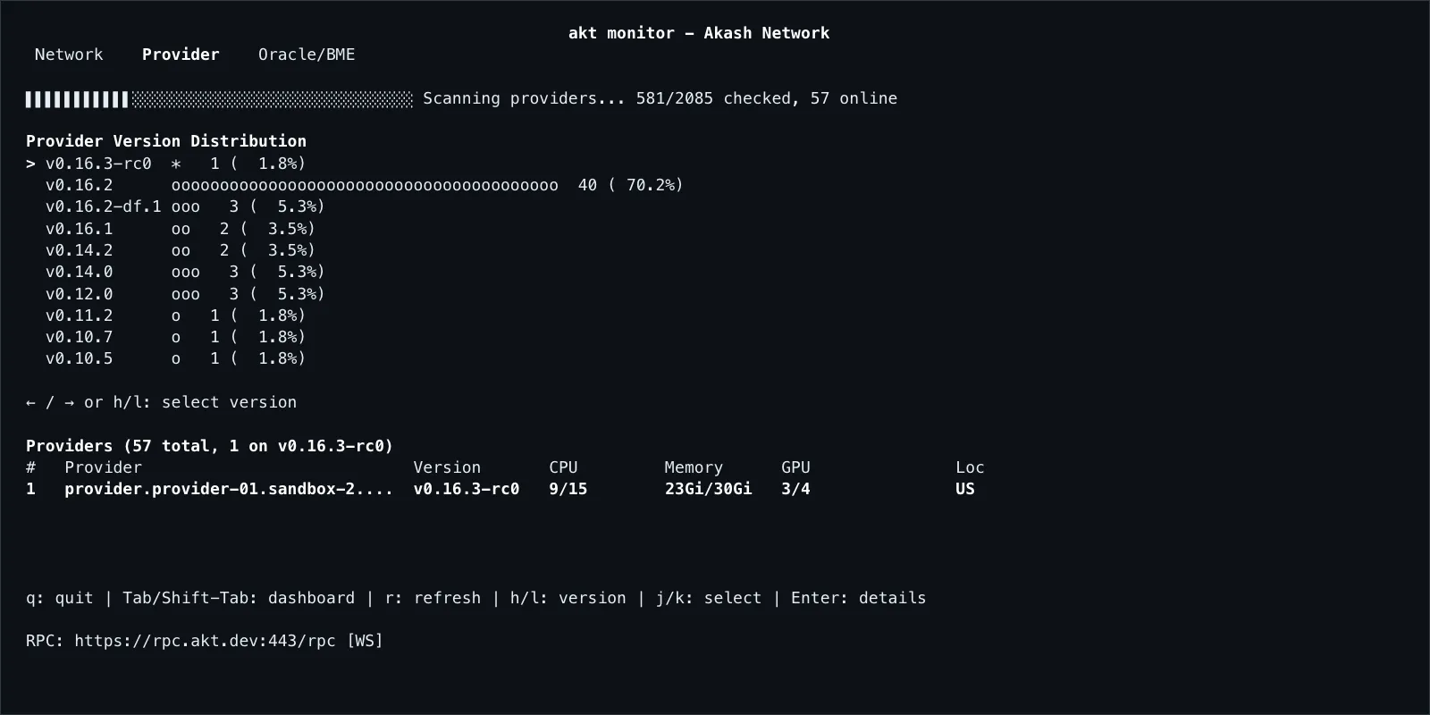 akt monitor Provider dashboard showing scan progress, version distribution, and provider resources