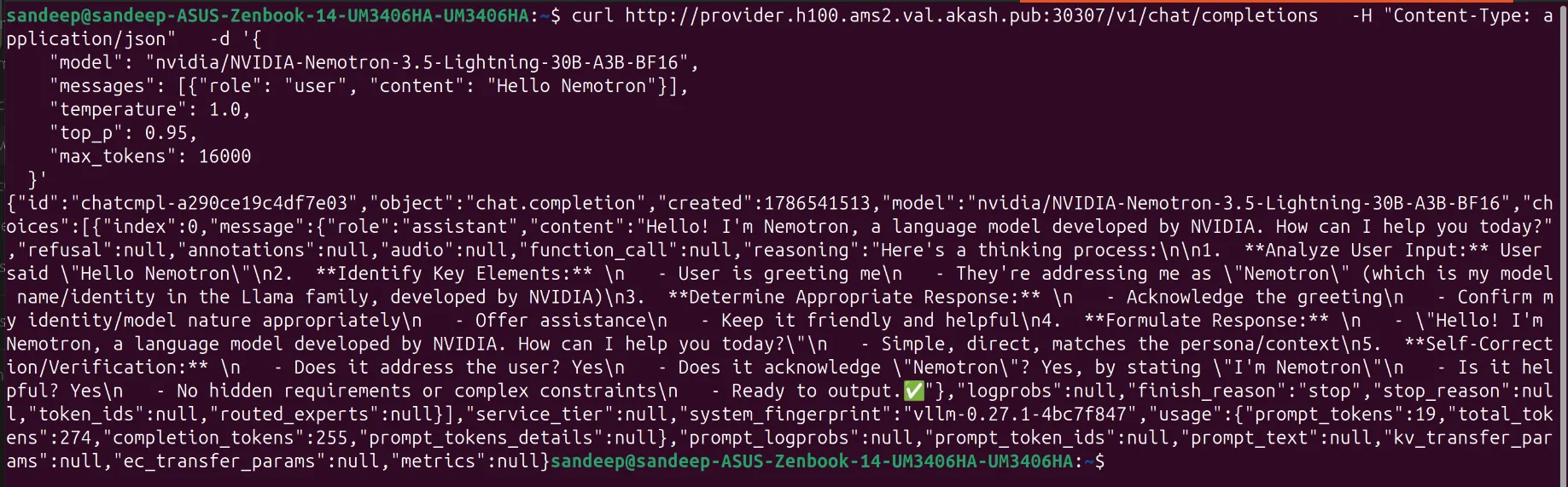 curl test against a live Nemotron 3.5 Lightning deployment on Akash, returning a chat completion