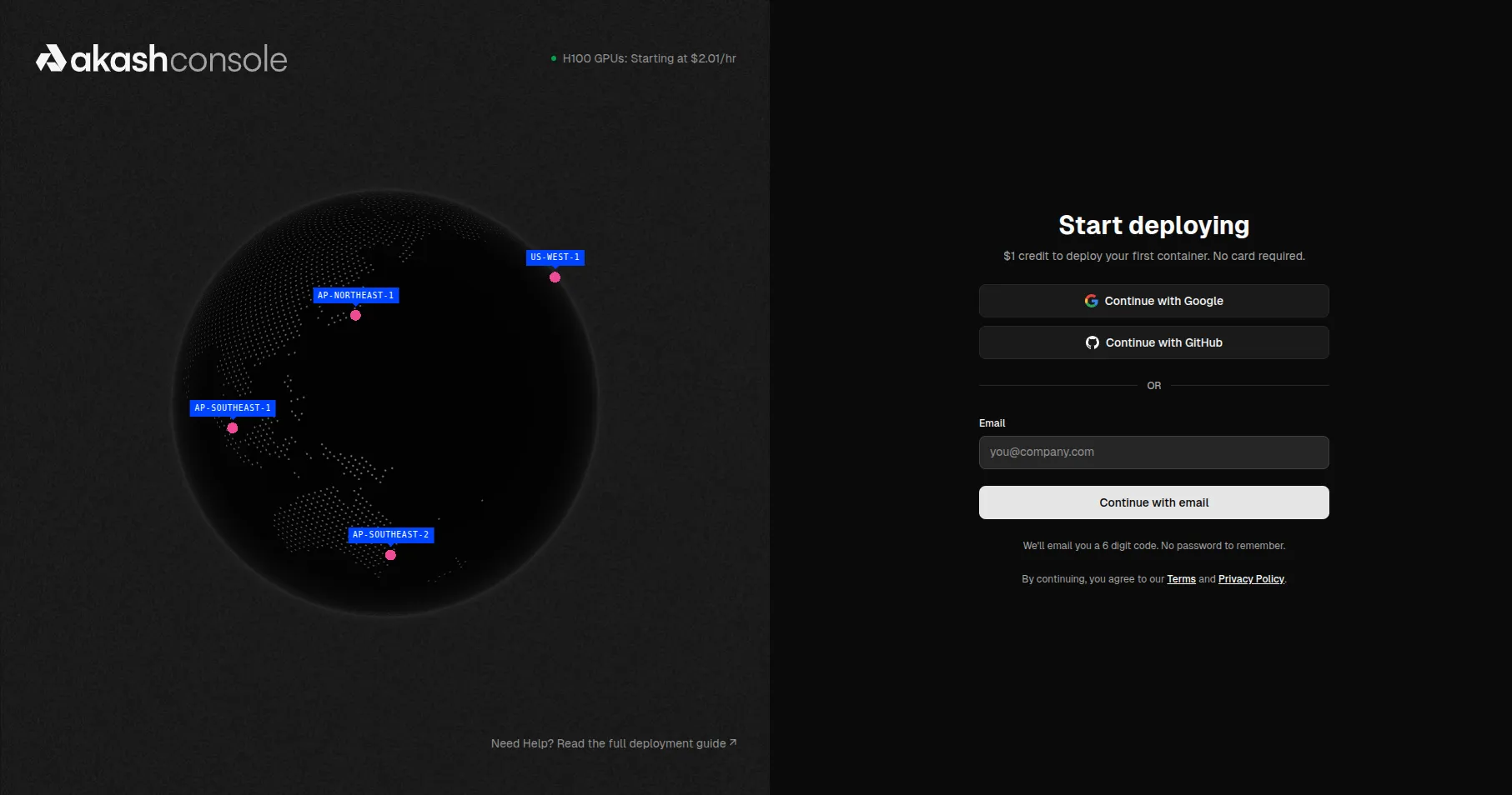 Akash Console sign-up page showing global compute regions and auth options