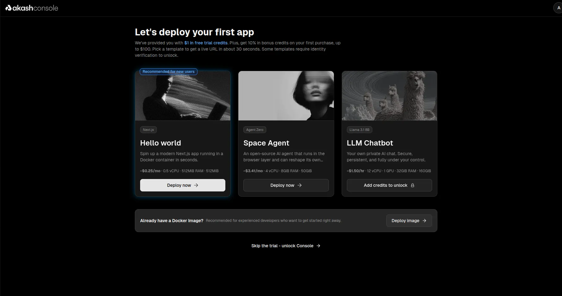 Template selection screen with Hello World, Space Agent, and LLM Chatbot options