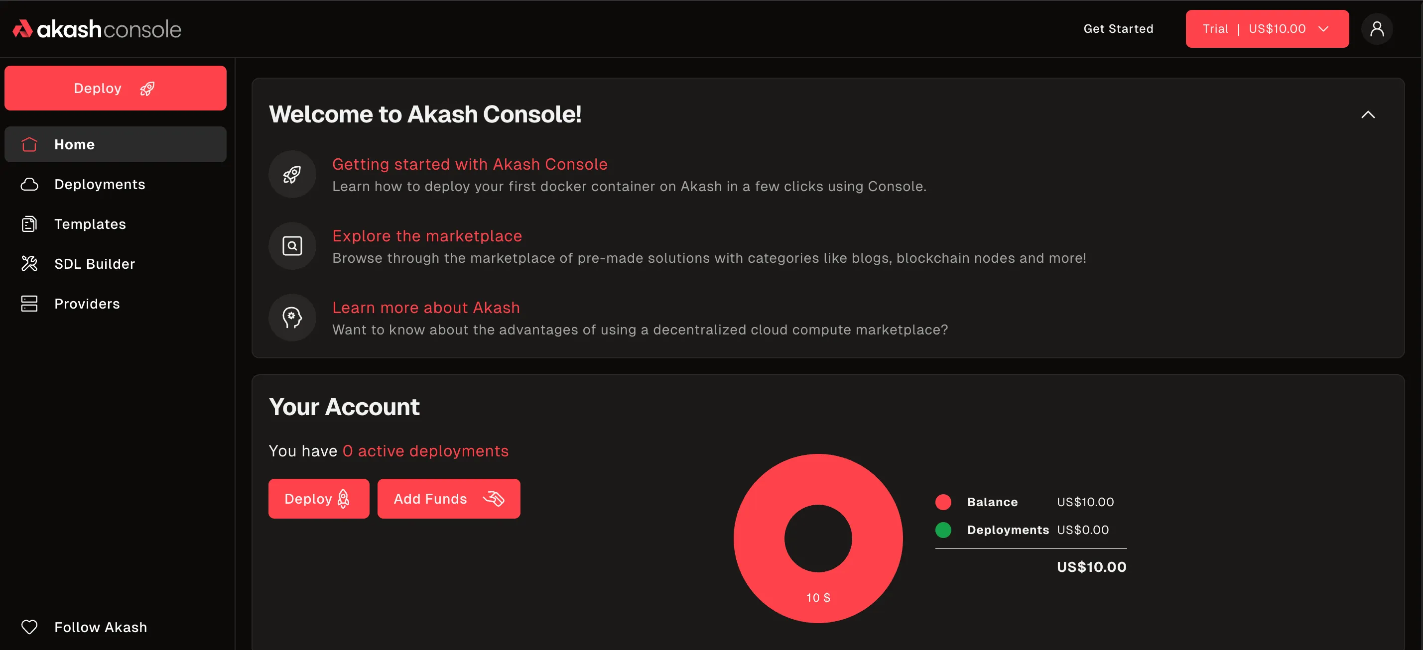 Akash Console dashboard with trial balance