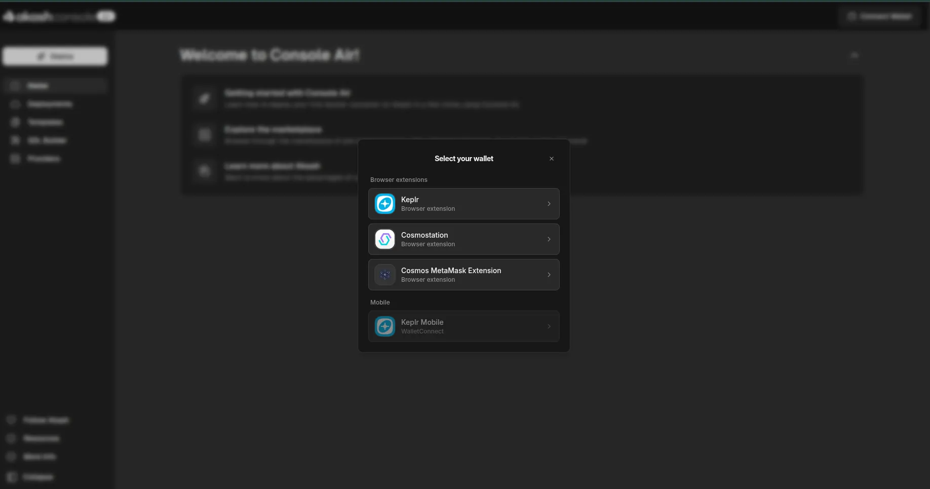 Wallet selection modal showing Keplr, Cosmostation, Cosmos MetaMask, and Keplr Mobile